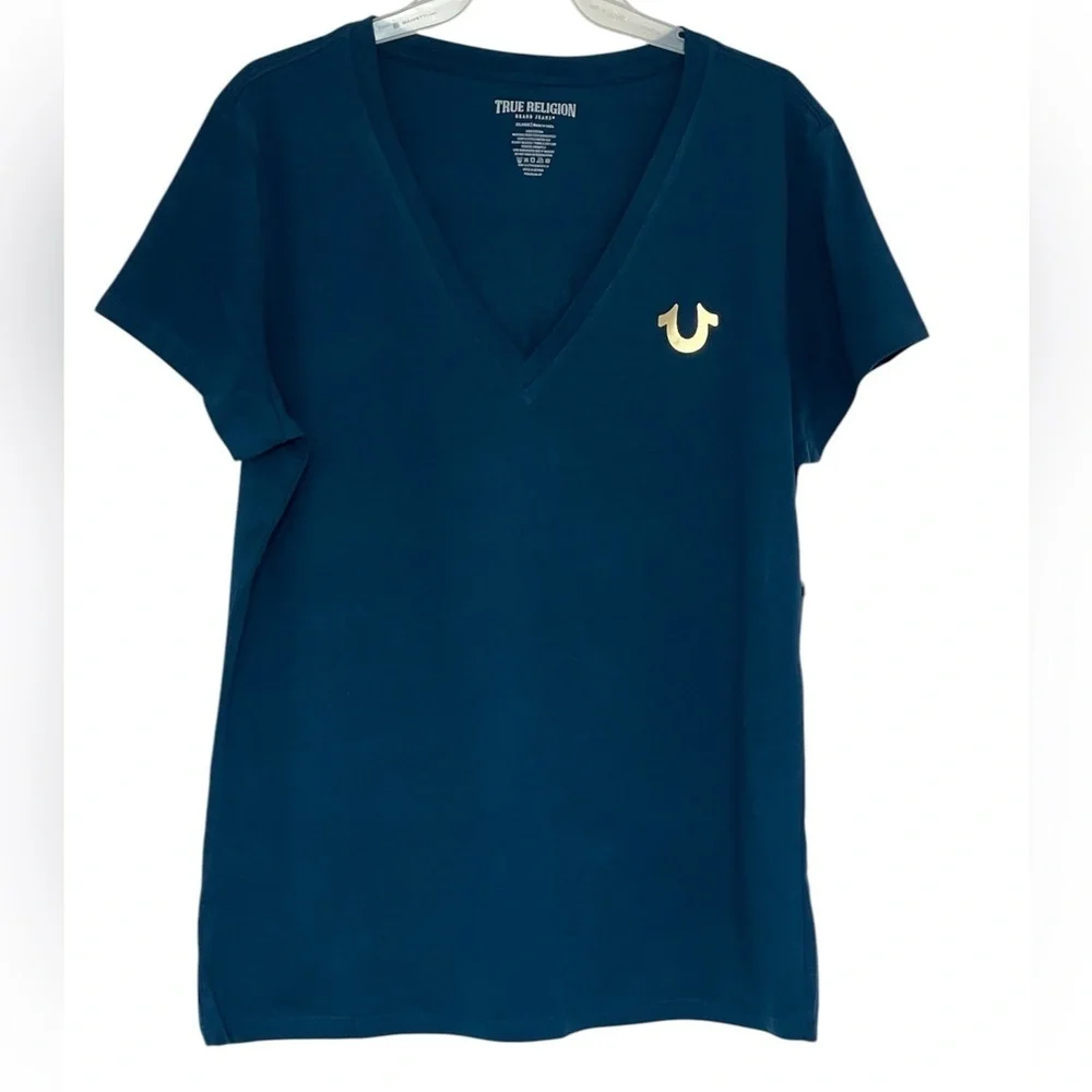 True Religion Blue/Dark Teal V-Neck T-Shirt with Gold Horse Shoe Size XXL - Picture 1 of 7